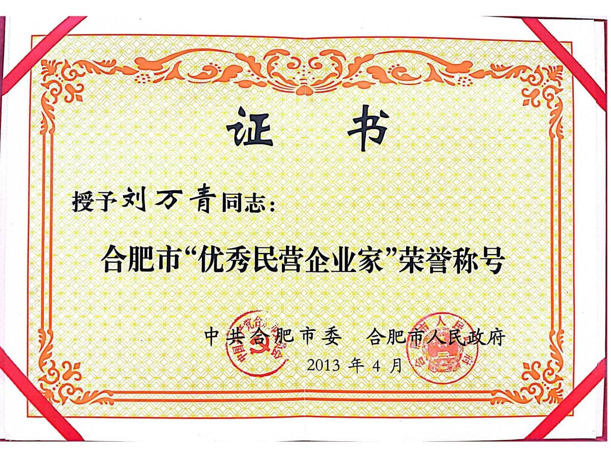 董事長劉萬青被合肥市委、合肥市人民政府授予“合肥市優(yōu)秀民營企業(yè)家”榮譽(yù)稱號